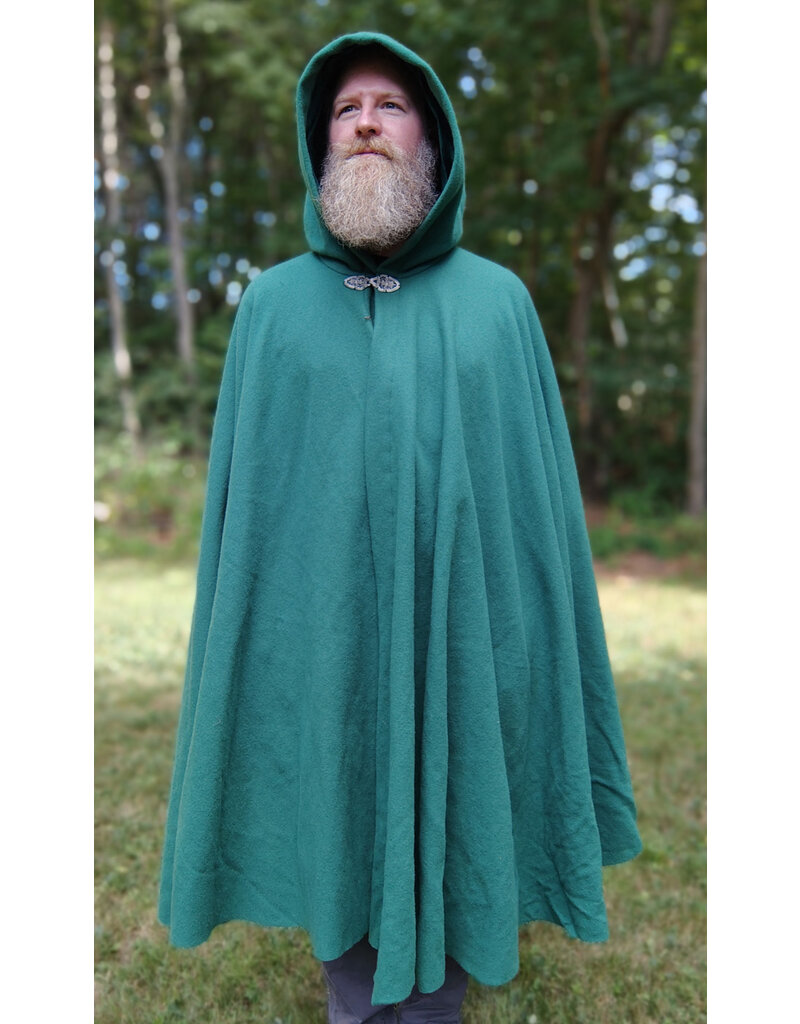 Cloakmakers.com 5819-Washable Green Wool Cloak w/ Green Velvet Hood Lining and Gothic Rose Clasp