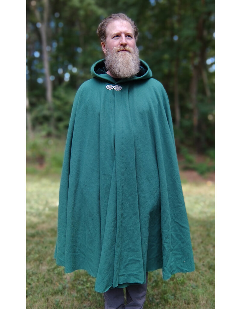 Cloakmakers.com 5819-Washable Green Wool Cloak w/ Green Velvet Hood Lining and Gothic Rose Clasp