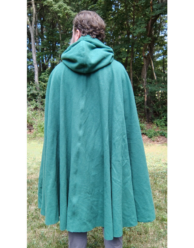 Cloakmakers.com 5819-Washable Green Wool Cloak w/ Green Velvet Hood Lining and Gothic Rose Clasp