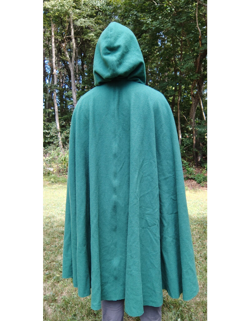 Cloakmakers.com 5819-Washable Green Wool Cloak w/ Green Velvet Hood Lining and Gothic Rose Clasp
