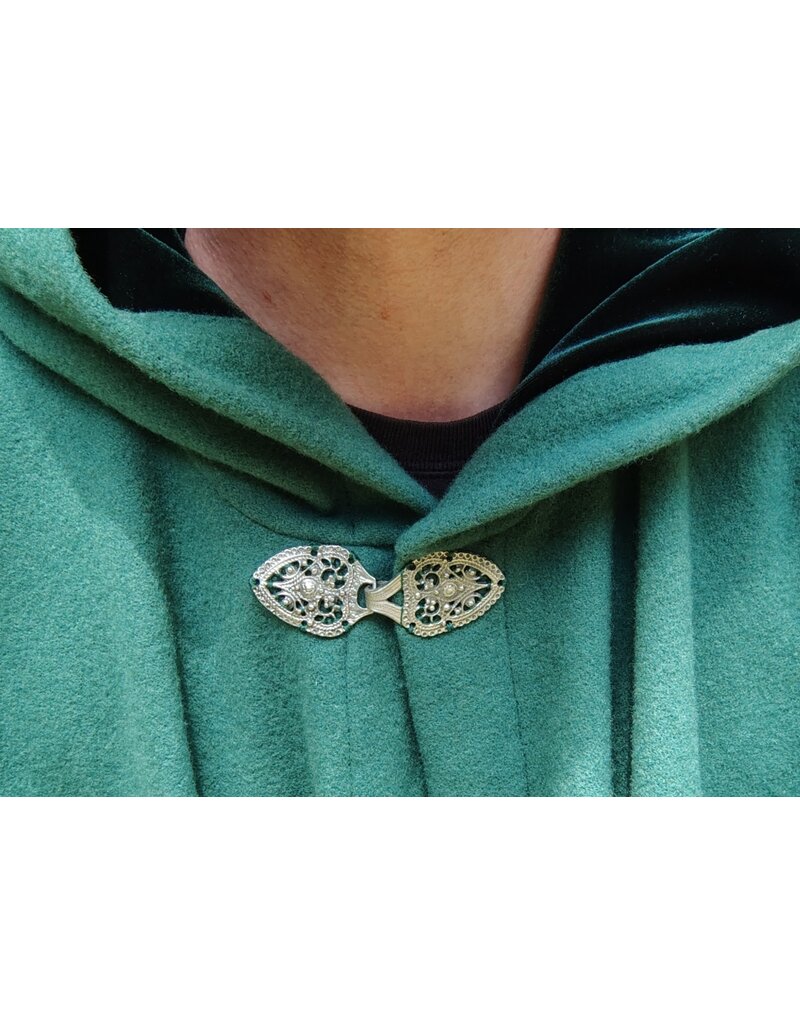 Cloakmakers.com 5819-Washable Green Wool Cloak w/ Green Velvet Hood Lining and Gothic Rose Clasp