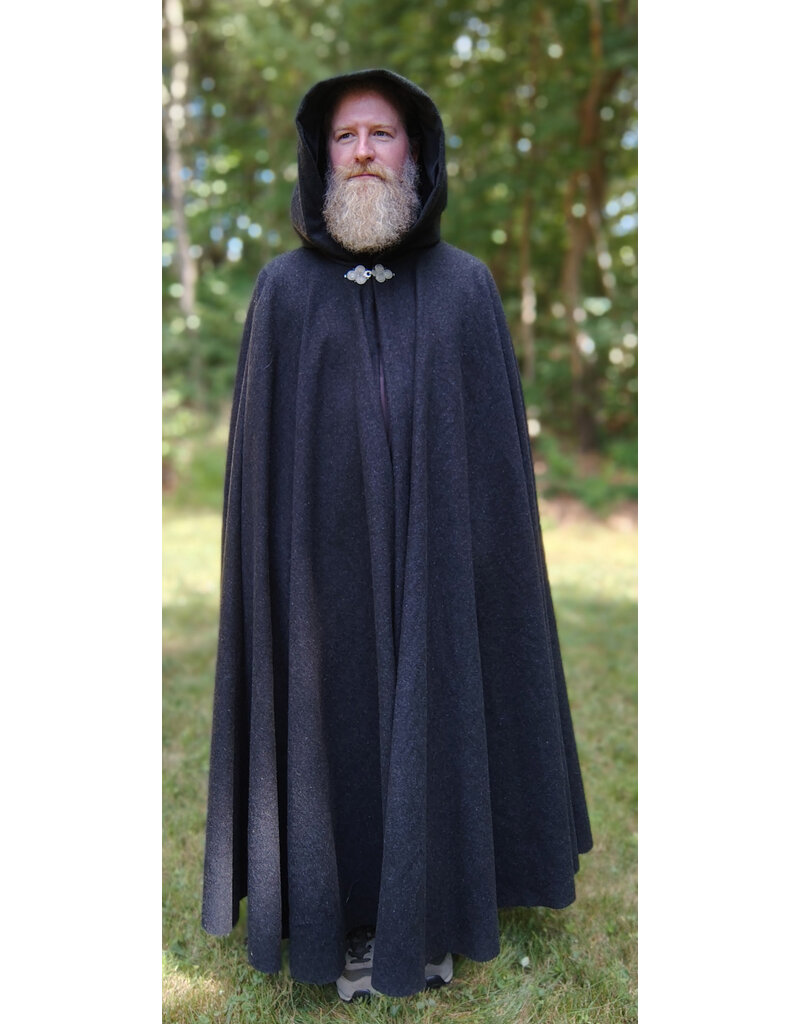 Cloakmakers.com 5821-Washable Charcoal Wool Blend Cloak w/ Black Velveteen Hood Lining and Triple Medallion Clasp