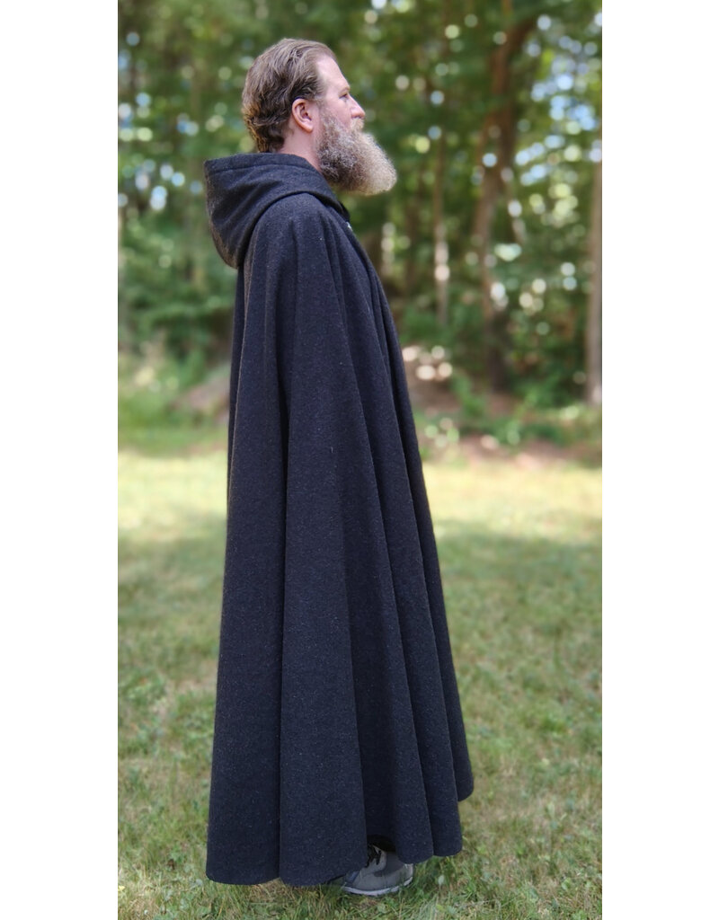 Cloakmakers.com 5821-Washable Charcoal Wool Blend Cloak w/ Black Velveteen Hood Lining and Triple Medallion Clasp