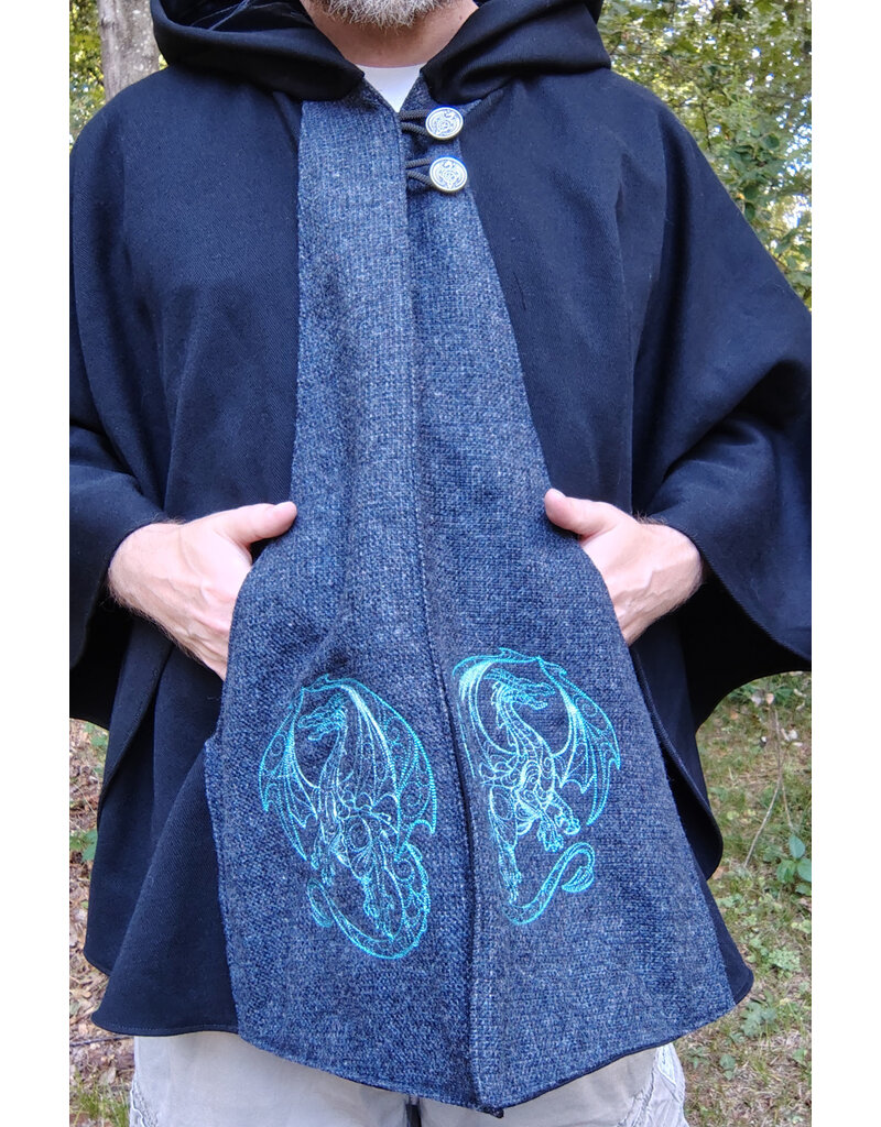 Cloakmakers.com 5827-Washable Black Wool Cloak w/ Dragon Embroidery & Buttons Plus Two Pockets