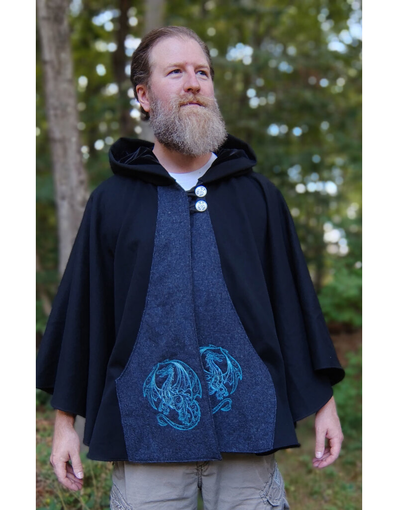 Cloakmakers.com 5827-Washable Black Wool Cloak w/ Dragon Embroidery & Buttons Plus Two Pockets