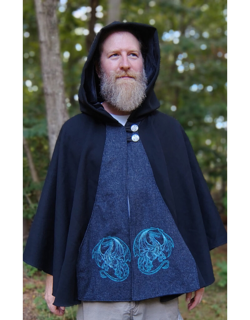 Cloakmakers.com 5827-Washable Black Wool Cloak w/ Dragon Embroidery & Buttons Plus Two Pockets