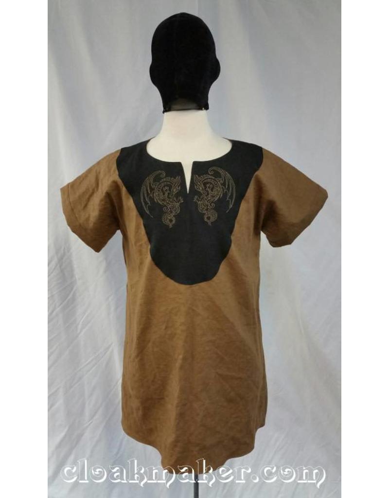 Cloakmakers.com J567 -Brown Linen Viking Tunic with Dragon Embroidery on Black Applique