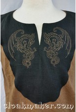 Cloakmakers.com J567 -Brown Linen Viking Tunic with Dragon Embroidery on Black Applique