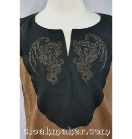 Cloak and Dagger Creations J567 -Brown Linen Viking Tunic with Dragon Embroidery on Black Applique