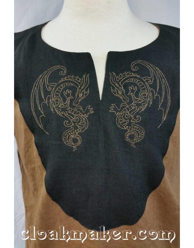 J567 - Brown Linen Viking Tunic with Dragon Embroidery on Black Applique -  Medium - Cloak & Dagger Creations