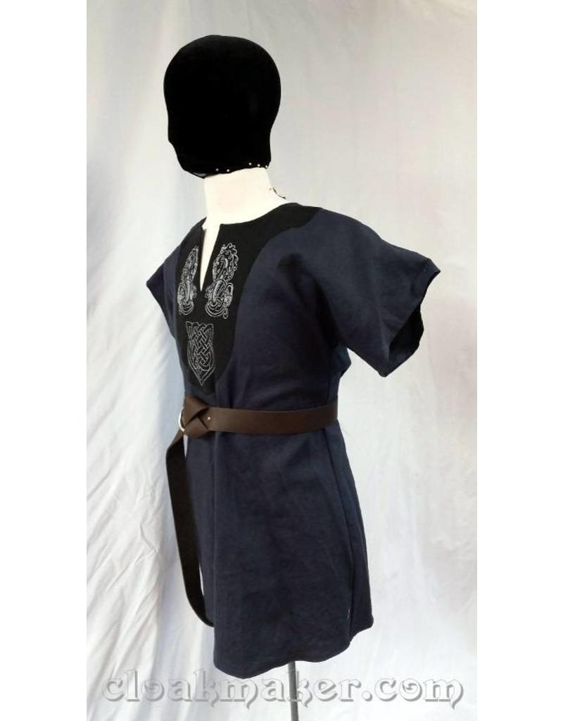 Cloakmakers.com J573 -Blue Linen Viking Tunic with Hippocampus Embroidery on Black Applique