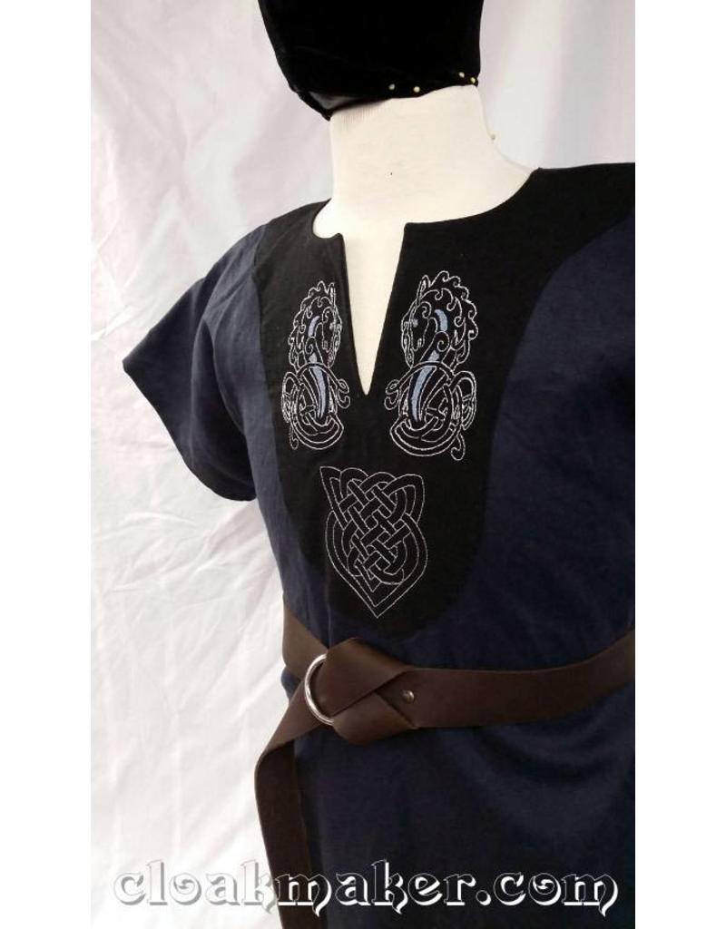 Cloakmakers.com J573 -Blue Linen Viking Tunic with Hippocampus Embroidery on Black Applique