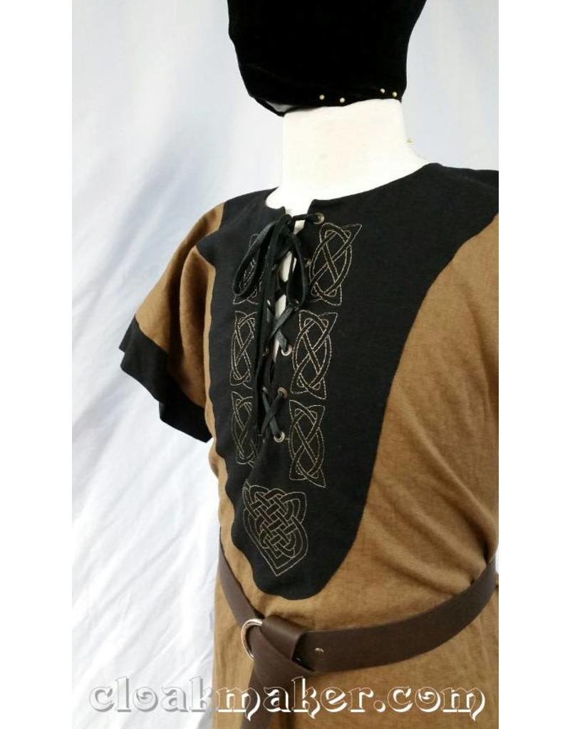 Cloak and Dagger Creations J575 -Light Brown Linen Viking Tunic w/Leather Laced Front and Knotwork Embroidery