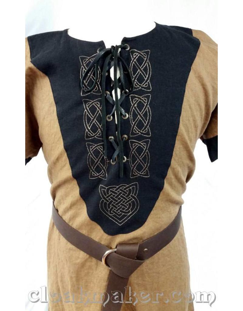Cloak and Dagger Creations J575 -Light Brown Linen Viking Tunic w/Leather Laced Front and Knotwork Embroidery