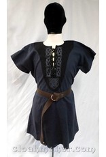 Cloakmakers.com J576 -Blue Linen Viking Tunic w/Leather Laced Front and Knotwork Embroidery on Black Applique