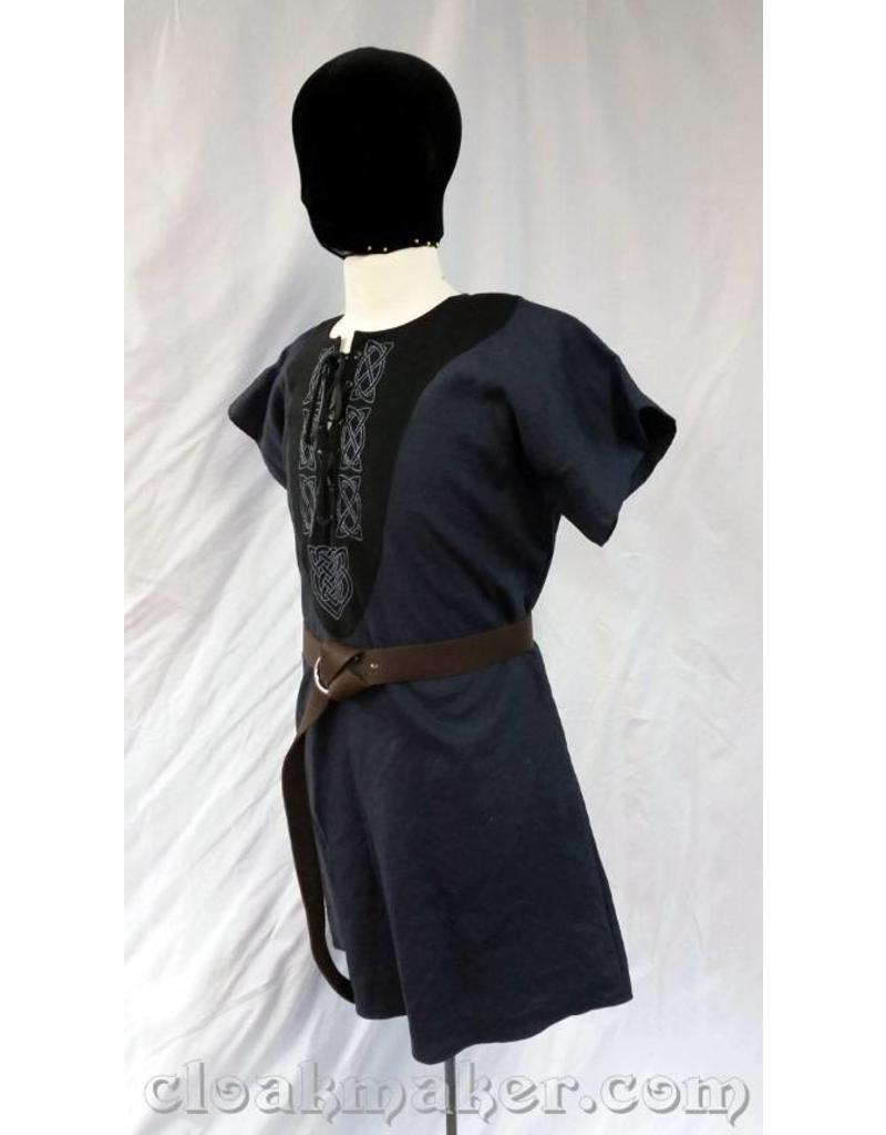 Cloakmakers.com J576 -Blue Linen Viking Tunic w/Leather Laced Front and Knotwork Embroidery on Black Applique