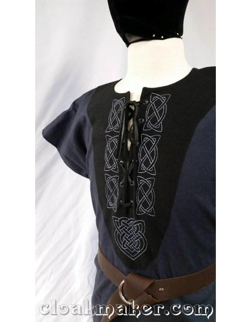 Cloakmakers.com J576 -Blue Linen Viking Tunic w/Leather Laced Front and Knotwork Embroidery on Black Applique