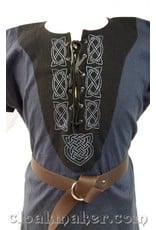Cloak and Dagger Creations J576 -Blue Linen Viking Tunic w/Leather Laced Front and Knotwork Embroidery on Black Applique