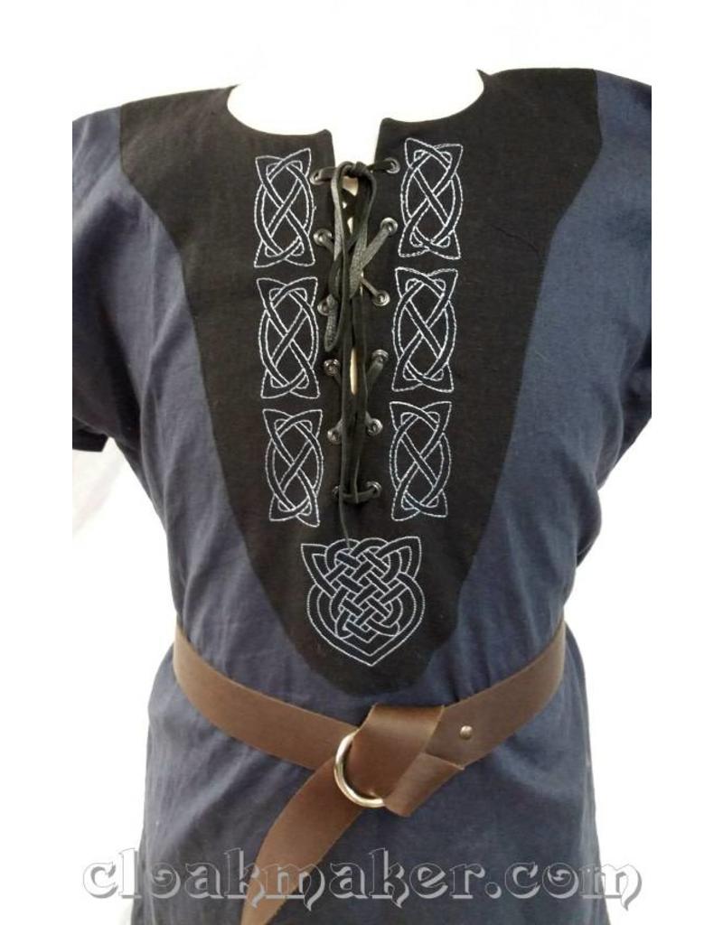 Cloakmakers.com J576 -Blue Linen Viking Tunic w/Leather Laced Front and Knotwork Embroidery on Black Applique