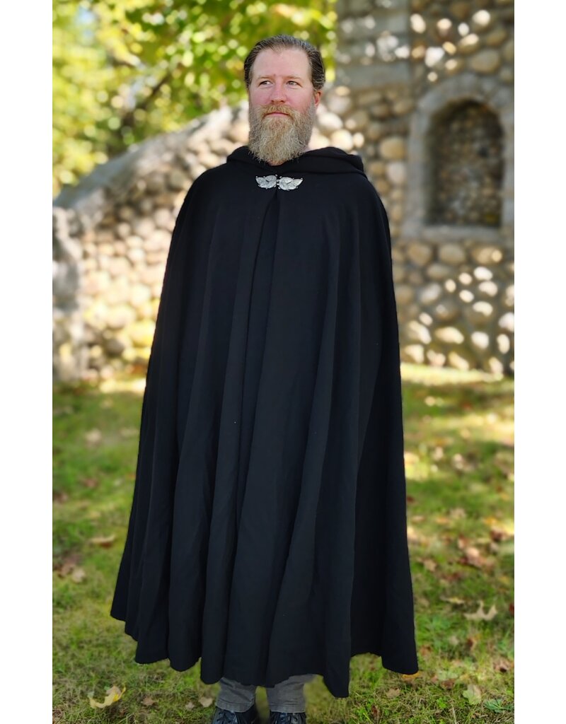 Cloakmakers.com 5829-Washable Black Wool Cloak w/ Green Velvet Hood Lining and Multileaf Clasp