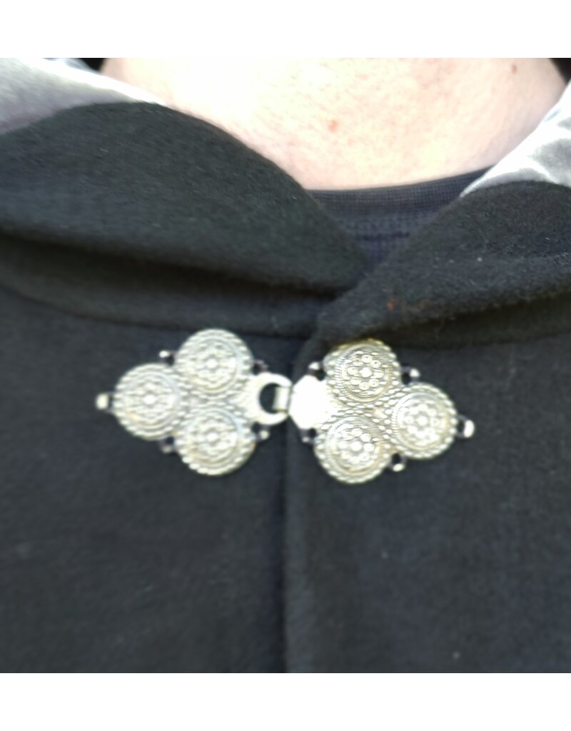 Cloakmakers.com 5831-Washable Black Wool Cloak w/ Silver Velvet Hood Lining & Triple Medallion Clasp