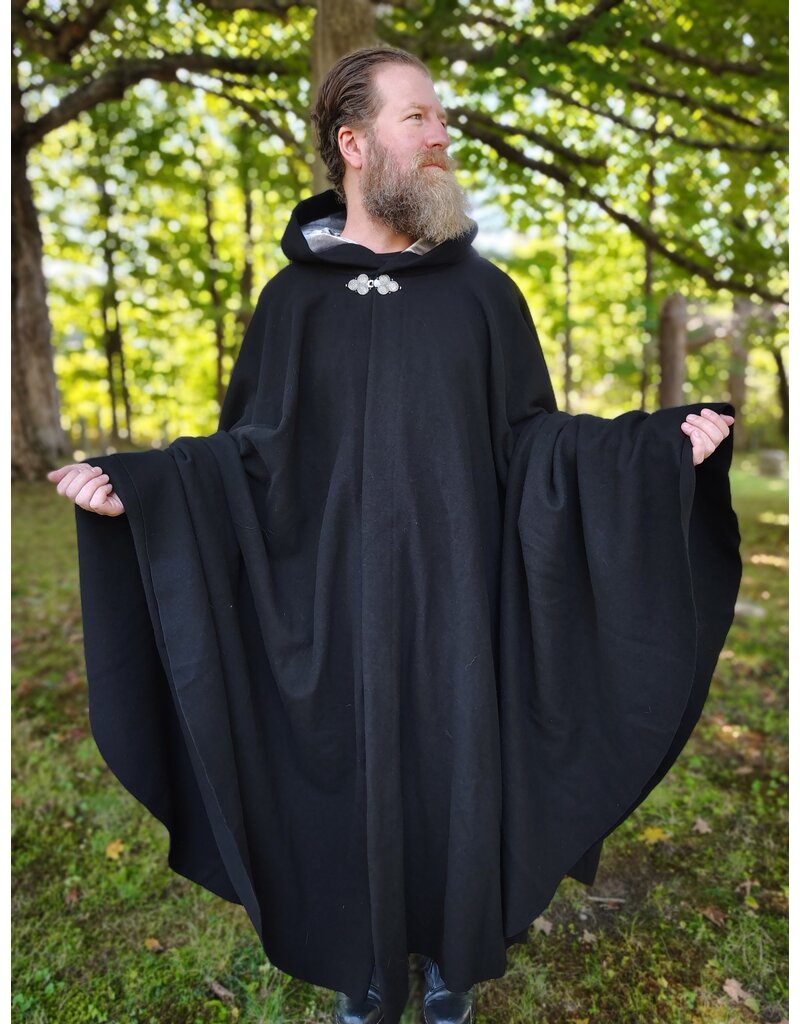 Cloakmakers.com 5831-Washable Black Wool Cloak w/ Silver Velvet Hood Lining & Triple Medallion Clasp