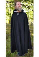 Cloakmakers.com 5831-Washable Black Wool Cloak w/ Silver Velvet Hood Lining & Triple Medallion Clasp