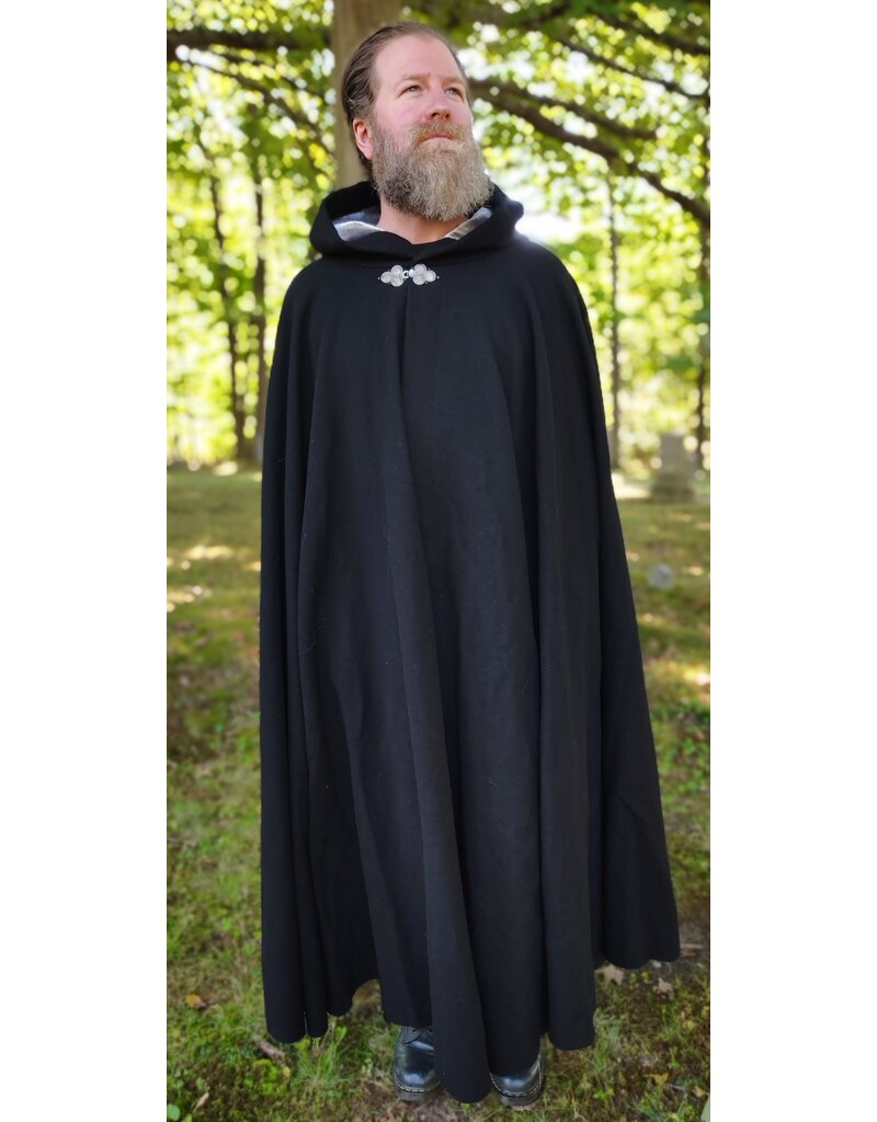 Cloakmakers.com 5831-Washable Black Wool Cloak w/ Silver Velvet Hood Lining & Triple Medallion Clasp