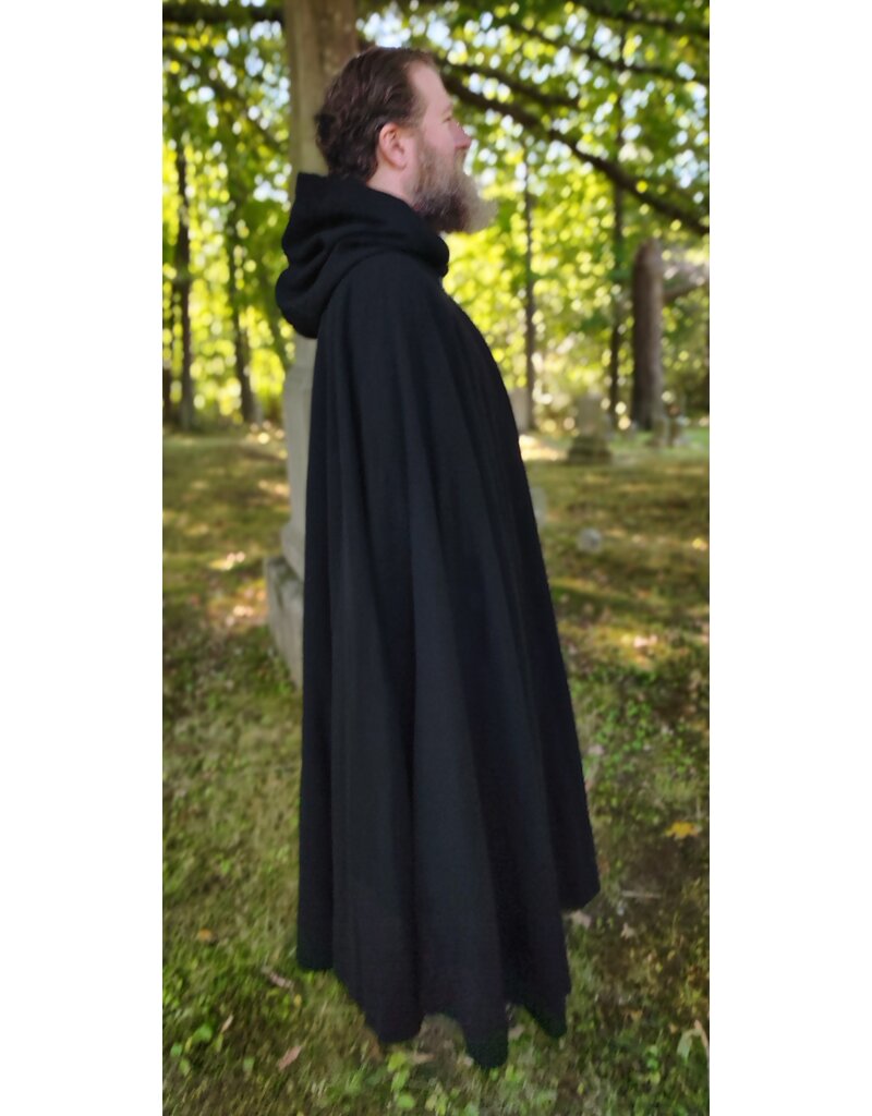 Cloakmakers.com 5831-Washable Black Wool Cloak w/ Silver Velvet Hood Lining & Triple Medallion Clasp