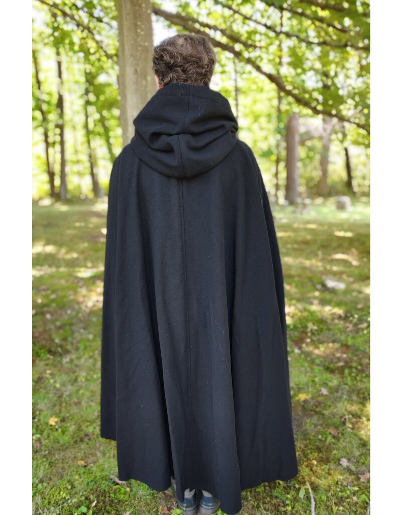 Cloakmakers.com 5831-Washable Black Wool Cloak w/ Silver Velvet Hood Lining & Triple Medallion Clasp