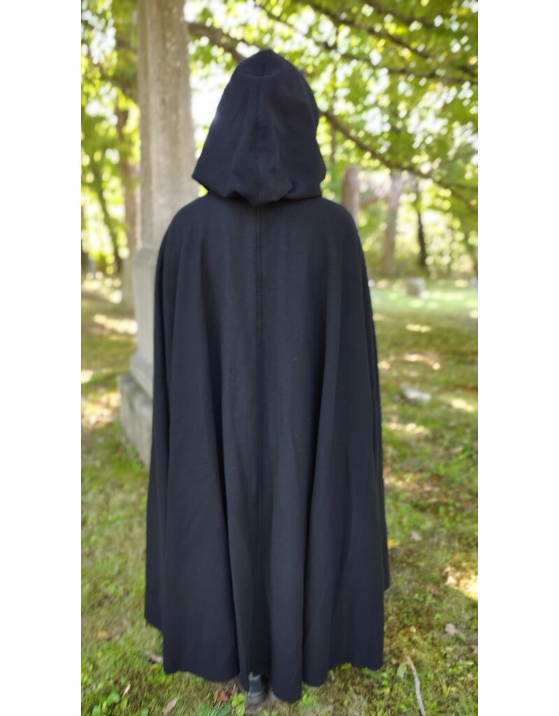 Cloakmakers.com 5831-Washable Black Wool Cloak w/ Silver Velvet Hood Lining & Triple Medallion Clasp