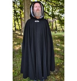 Cloakmakers.com 5831-Washable Black Wool Cloak w/ Silver Velvet Hood Lining & Triple Medallion Clasp