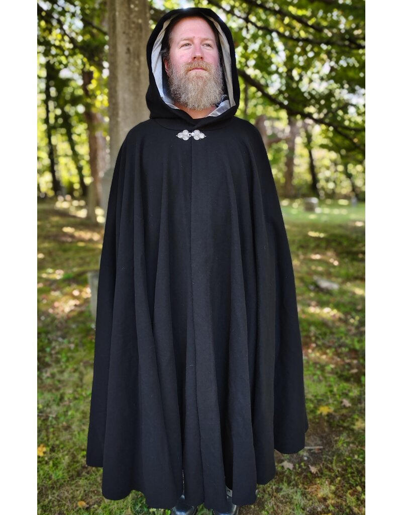 Cloakmakers.com 5831-Washable Black Wool Cloak w/ Silver Velvet Hood Lining & Triple Medallion Clasp