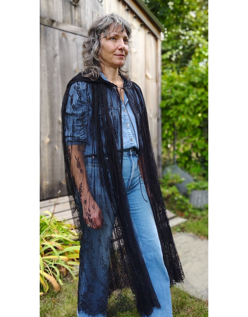Cloakmakers.com 5754-Washable Sheer Lace Black Hooded Cloak w/Floral Pattern