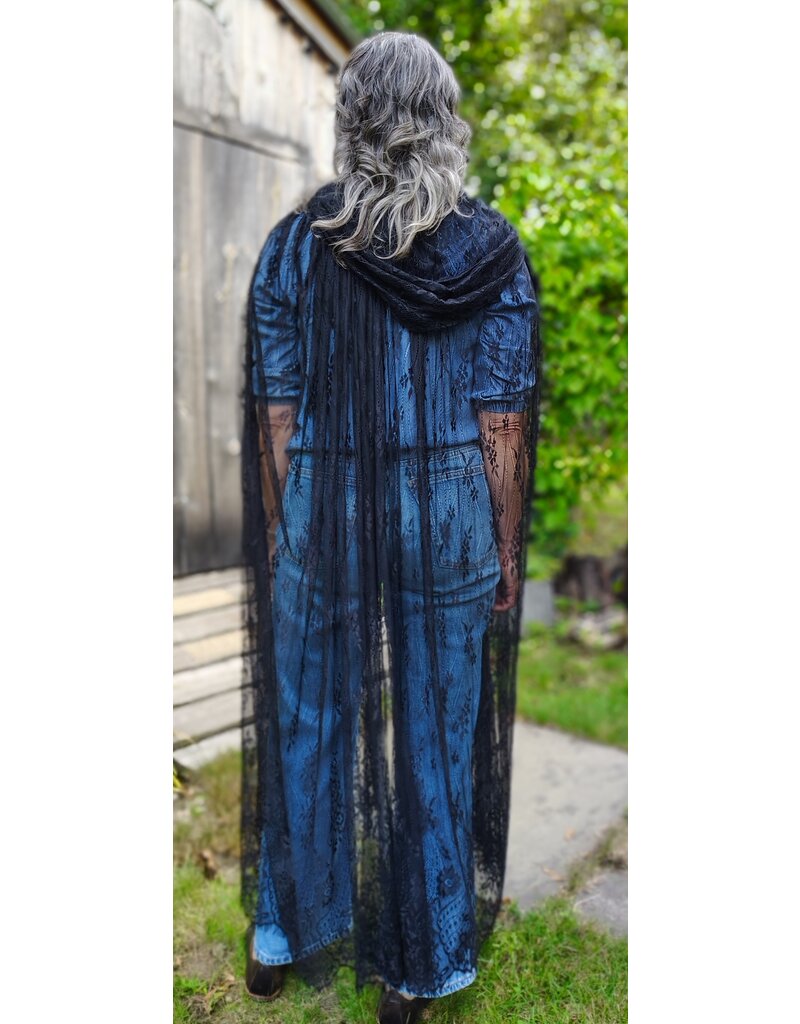 Cloakmakers.com 5754-Washable Sheer Lace Black Hooded Cloak w/Floral Pattern