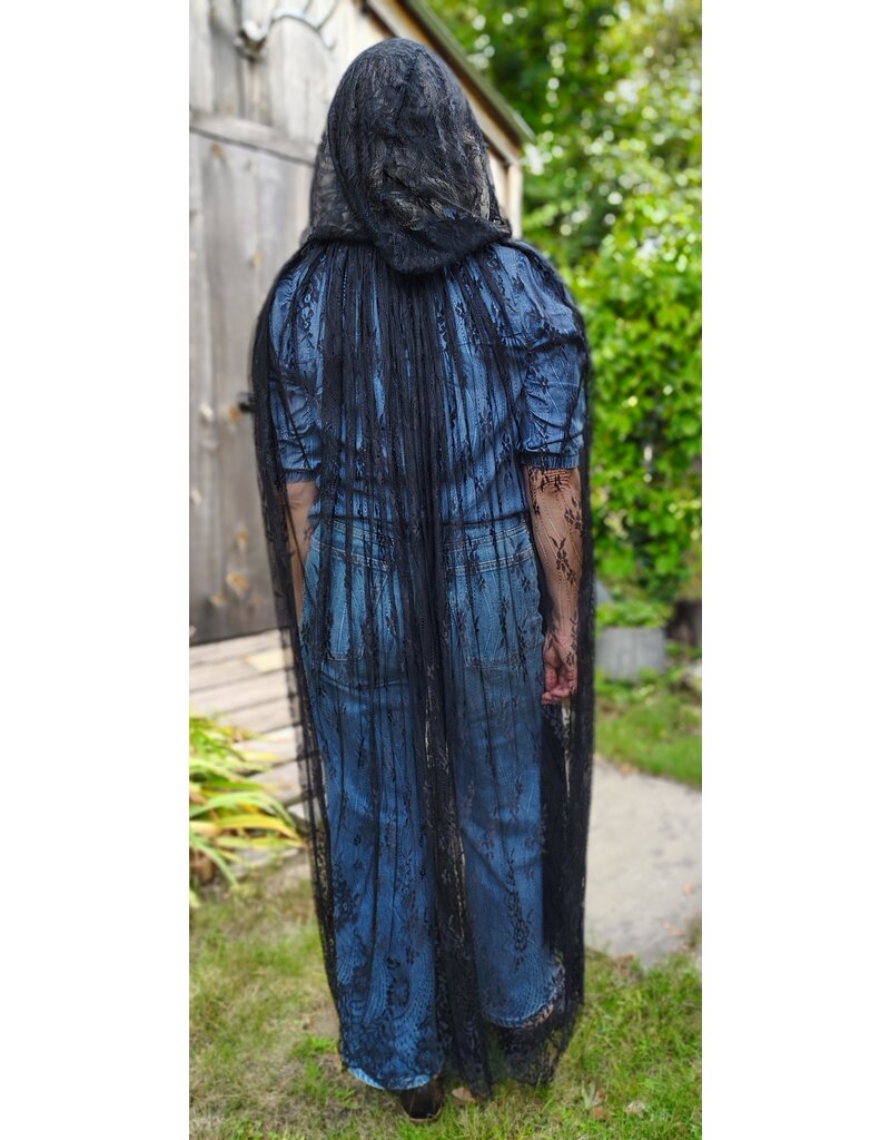 Cloakmakers.com 5754-Washable Sheer Lace Black Hooded Cloak w/Floral Pattern