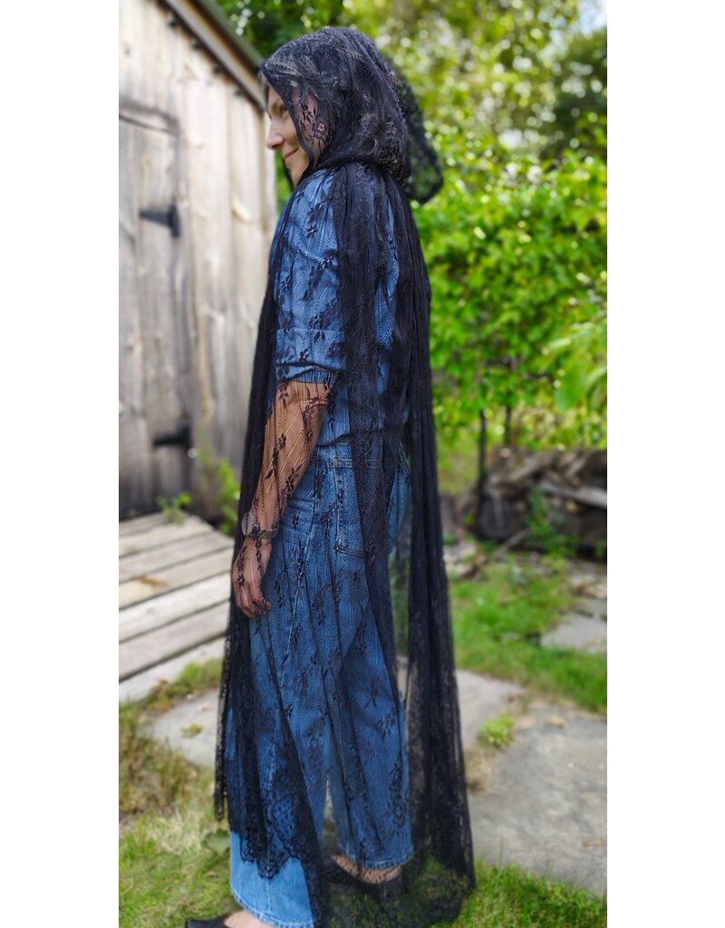 Cloakmakers.com 5754-Washable Sheer Lace Black Hooded Cloak w/Floral Pattern