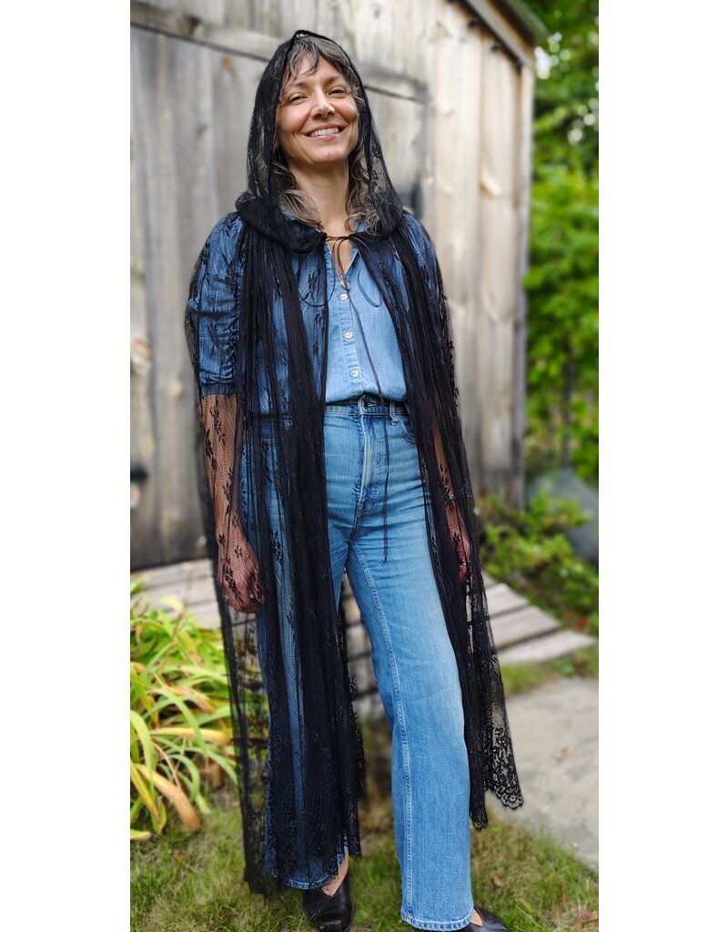 Cloakmakers.com 5754-Washable Sheer Lace Black Hooded Cloak w/Floral Pattern