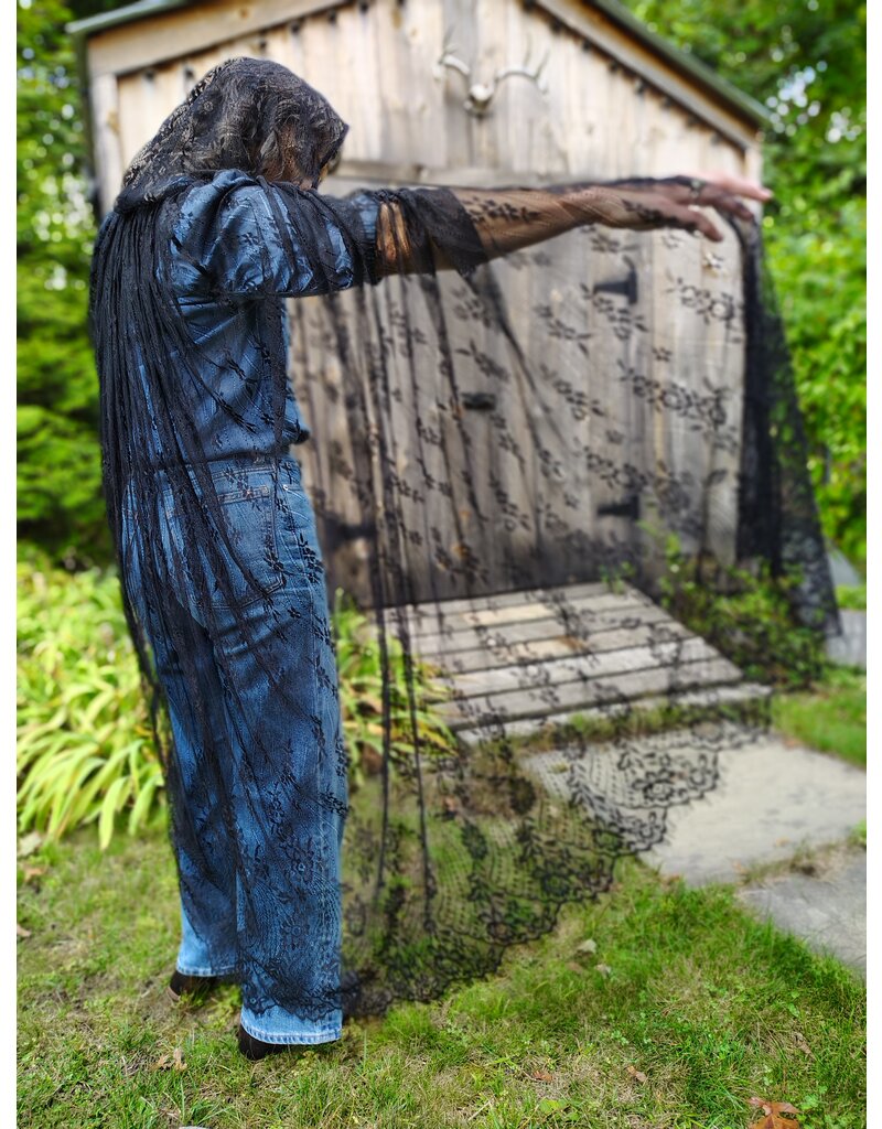 Cloakmakers.com 5754-Washable Sheer Lace Black Hooded Cloak w/Floral Pattern