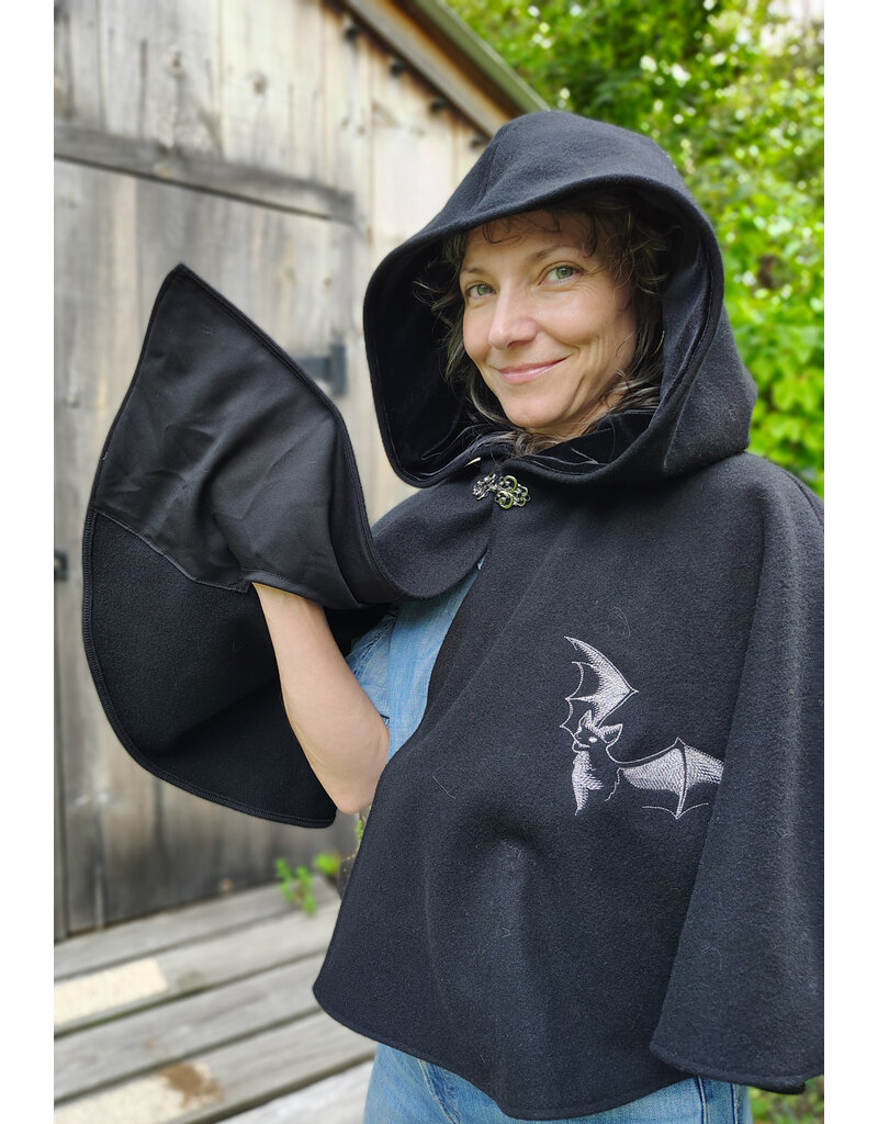 Cloakmakers.com 5832-Washable Black Wool Cloak w/ Silver Bat Embroidery & Black Interior Pockets