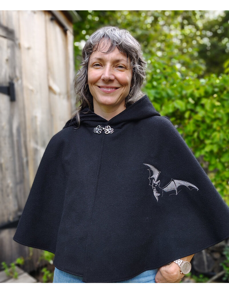 Cloakmakers.com 5832-Washable Black Wool Cloak w/ Silver Bat Embroidery & Black Interior Pockets