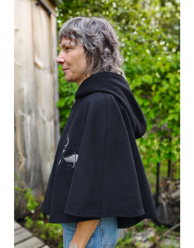 Cloakmakers.com 5832-Washable Black Wool Cloak w/ Silver Bat Embroidery & Black Interior Pockets