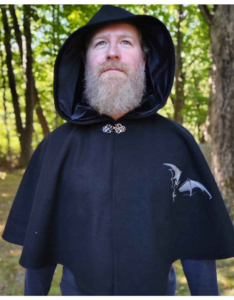 Cloakmakers.com 5832-Washable Black Wool Cloak w/ Silver Bat Embroidery & Black Interior Pockets