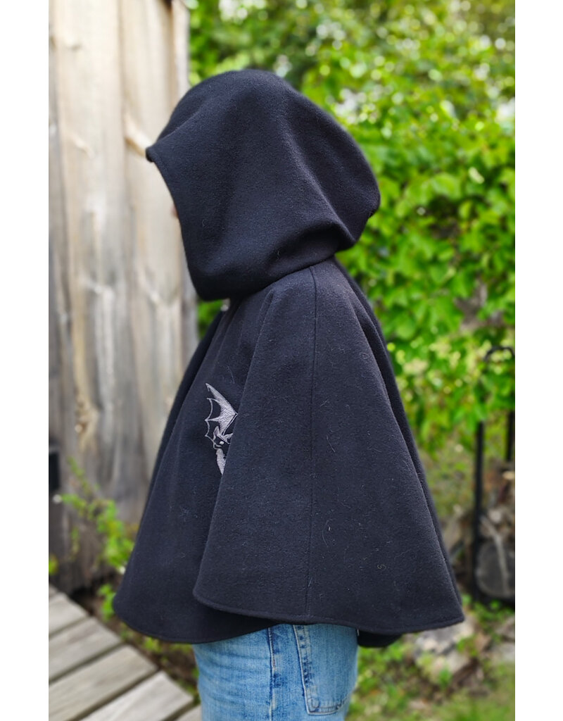 Cloakmakers.com 5832-Washable Black Wool Cloak w/ Silver Bat Embroidery & Black Interior Pockets