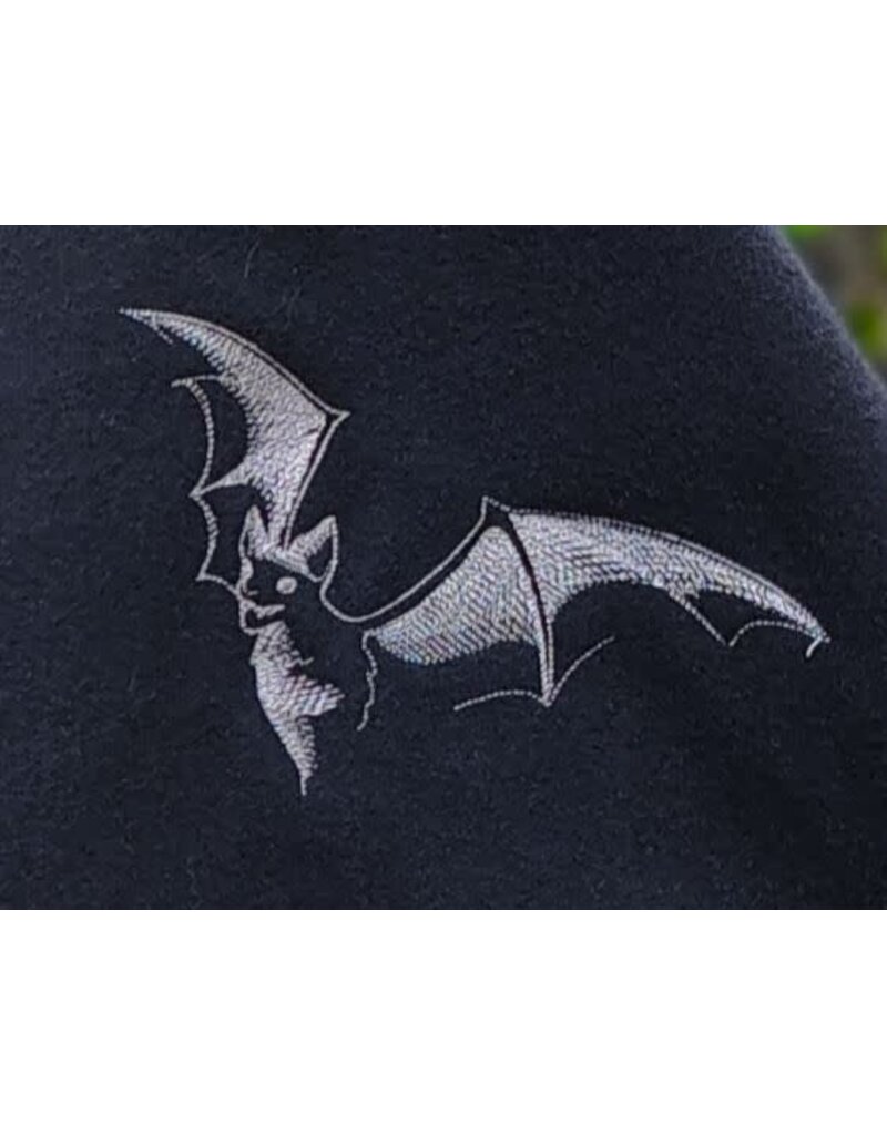 Cloakmakers.com 5832-Washable Black Wool Cloak w/ Silver Bat Embroidery & Black Interior Pockets