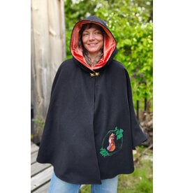 Cloakmakers.com 5833-Washable Black Wool Cloak w/ Fox Embroidery & Clasp plus Orange Velvet Hood Lining