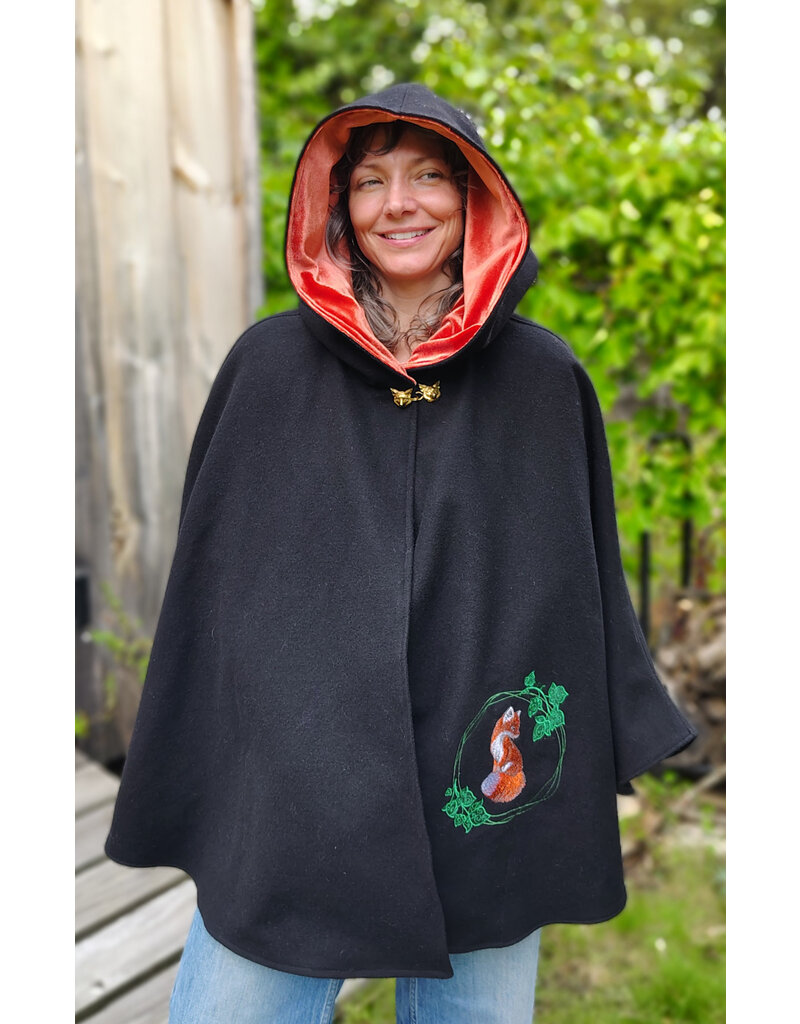 Cloakmakers.com 5833-Washable Black Wool Cloak w/ Fox Embroidery & Clasp plus Orange Velvet Hood Lining