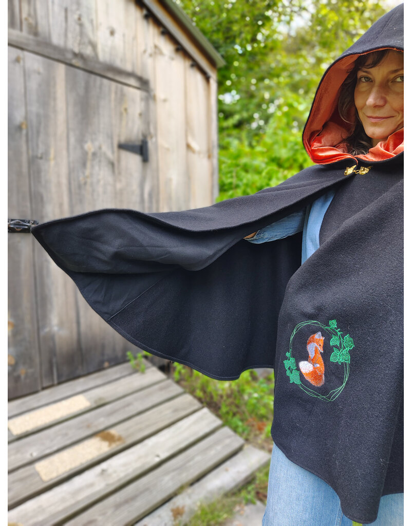 Cloakmakers.com 5833-Washable Black Wool Cloak w/ Fox Embroidery & Clasp plus Orange Velvet Hood Lining