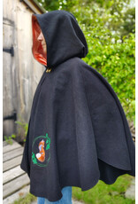 Cloakmakers.com 5833-Washable Black Wool Cloak w/ Fox Embroidery & Clasp plus Orange Velvet Hood Lining