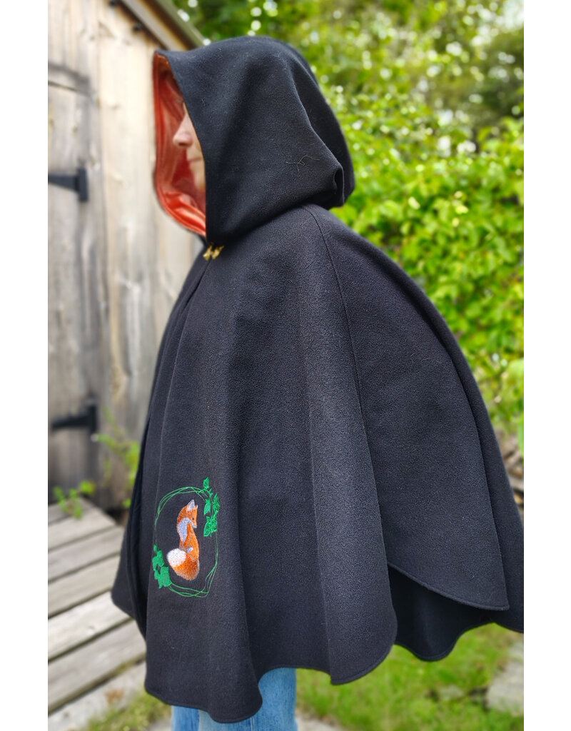 Cloakmakers.com 5833-Washable Black Wool Cloak w/ Fox Embroidery & Clasp plus Orange Velvet Hood Lining
